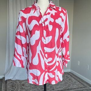 Chicos Red White Abstract Linen Button Down 3/4 Sleeve Shirt Size 1 US 8 Medium